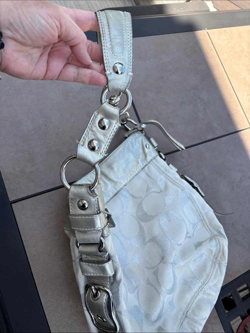 Coach Zoe White Silver Signature Jacquard Hobo has Shoulder Large Bag-13672